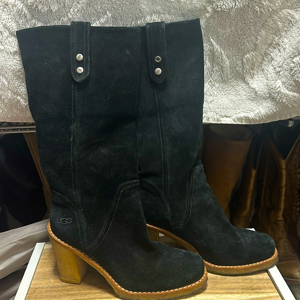 Suede high heel UGG boots with sheepskin interior